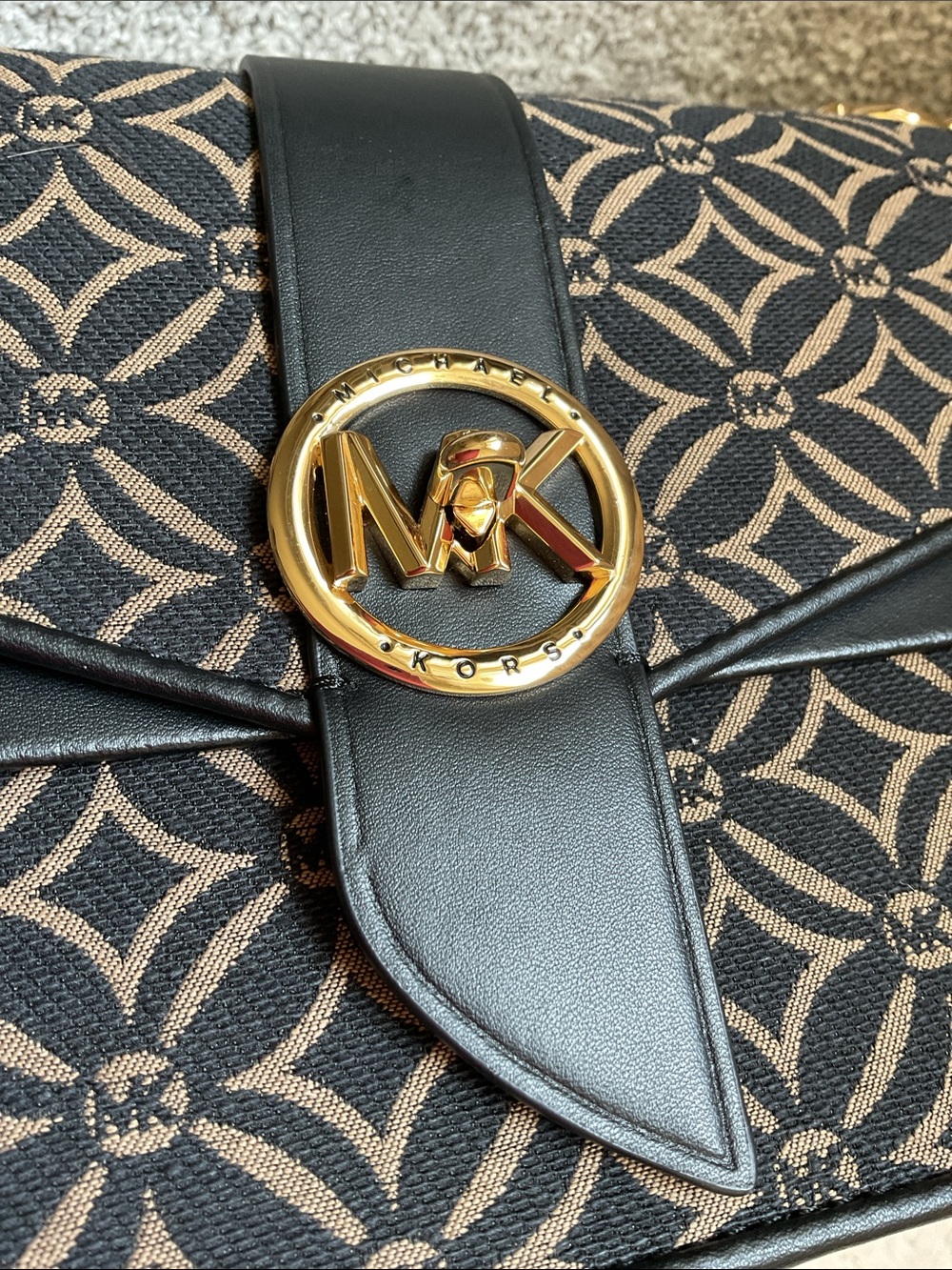 Michael Kors Black & Brown Logo Crossbody with Gold Accent Greenwich Small.